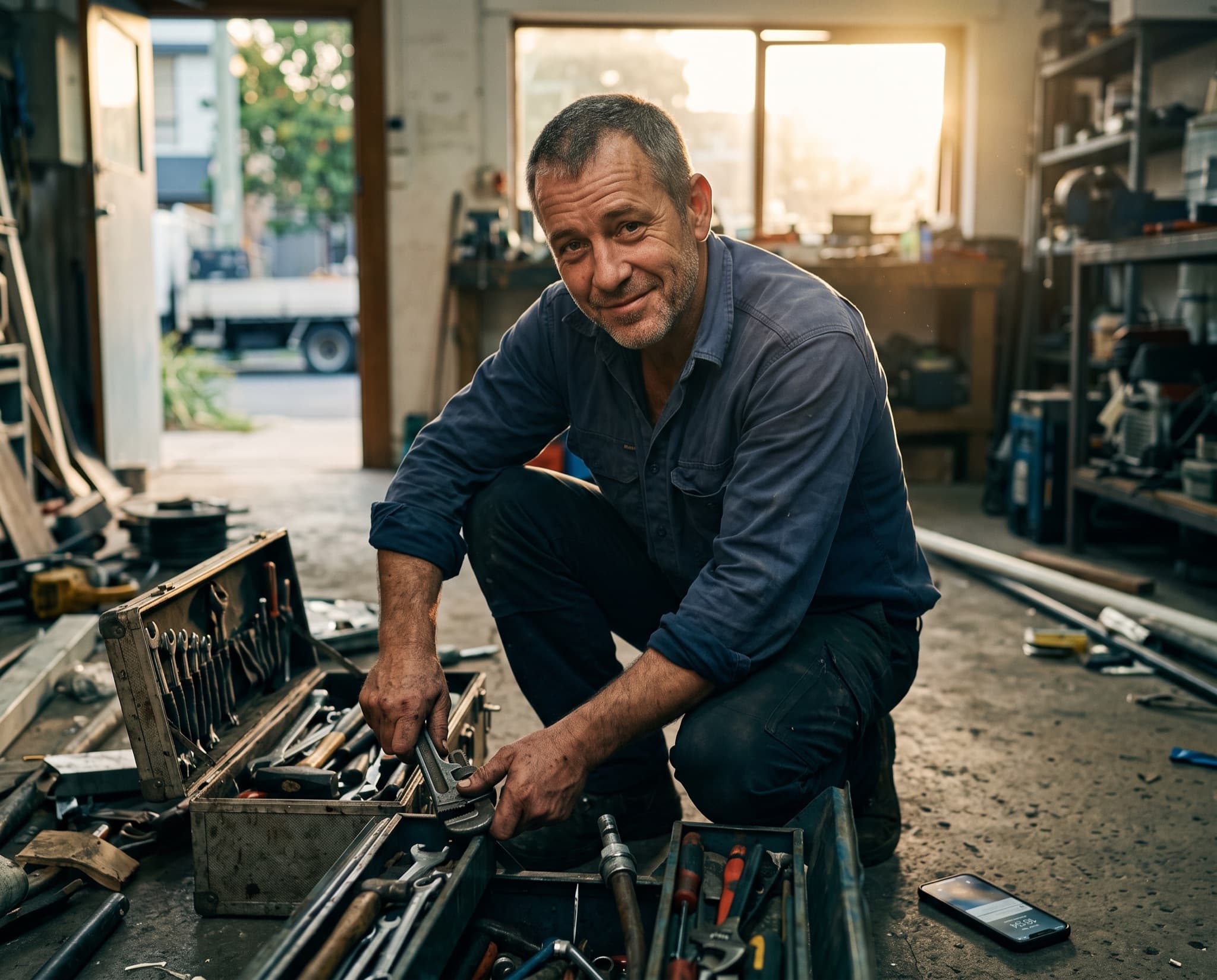 A man in work clothes crouched over an open toolbox, both hands busy, a phone lying on the floor beside him