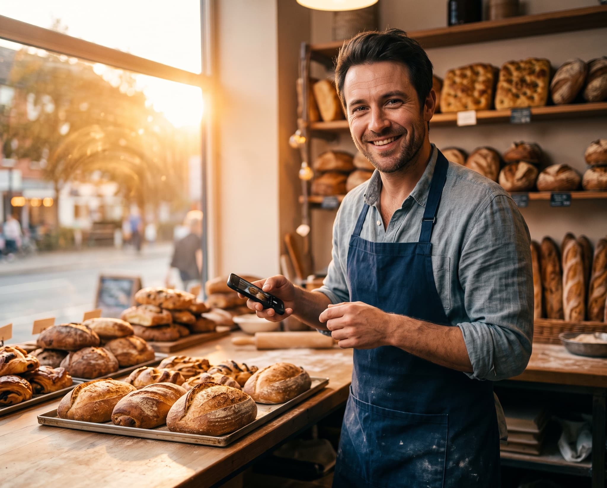 A man in an apron holding up a phone to photograph a tray of bread on a bakery counter