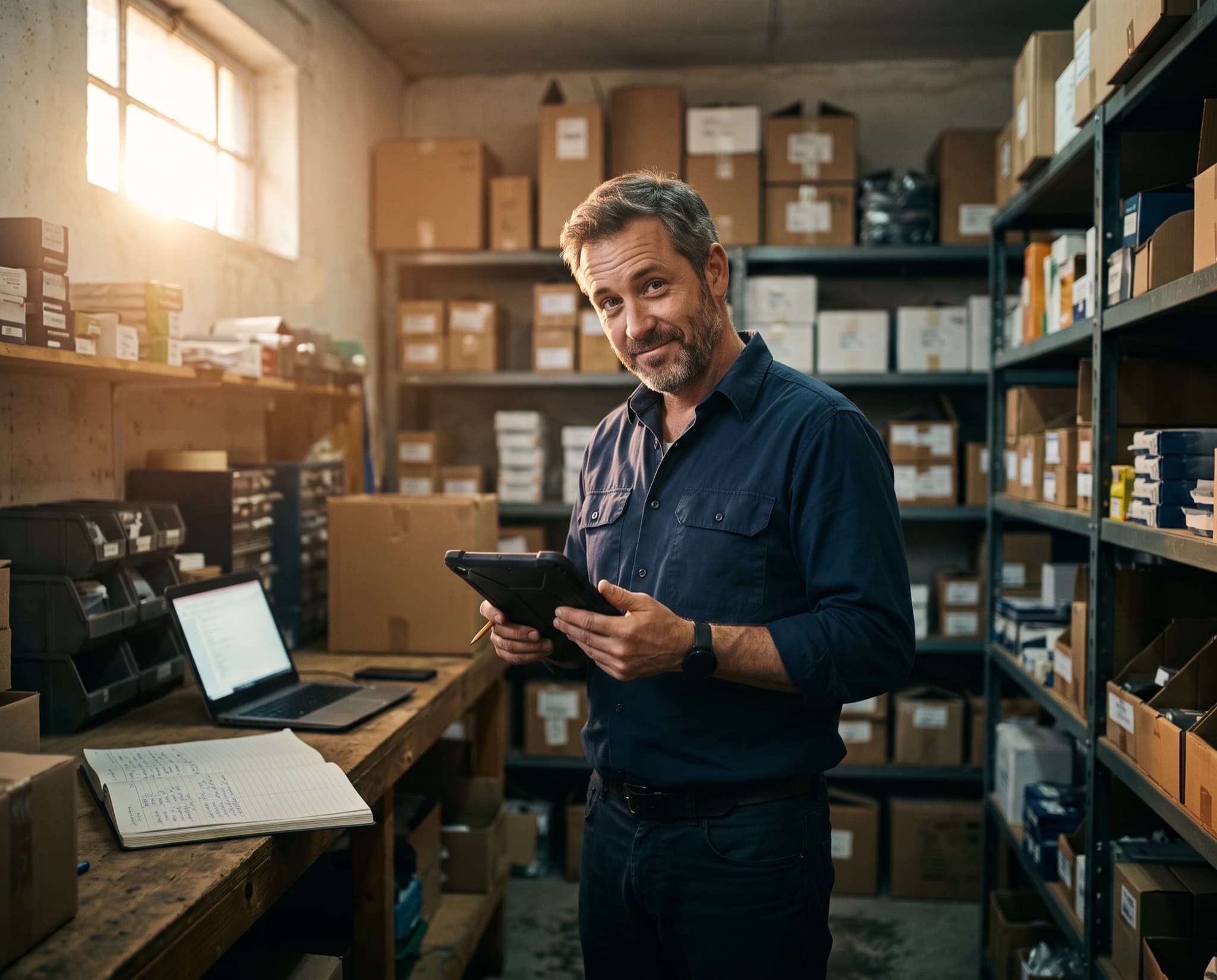 A man in a work shirt standing in a stockroom holding a tablet, with a paper ledger and a laptop open on the bench beside him