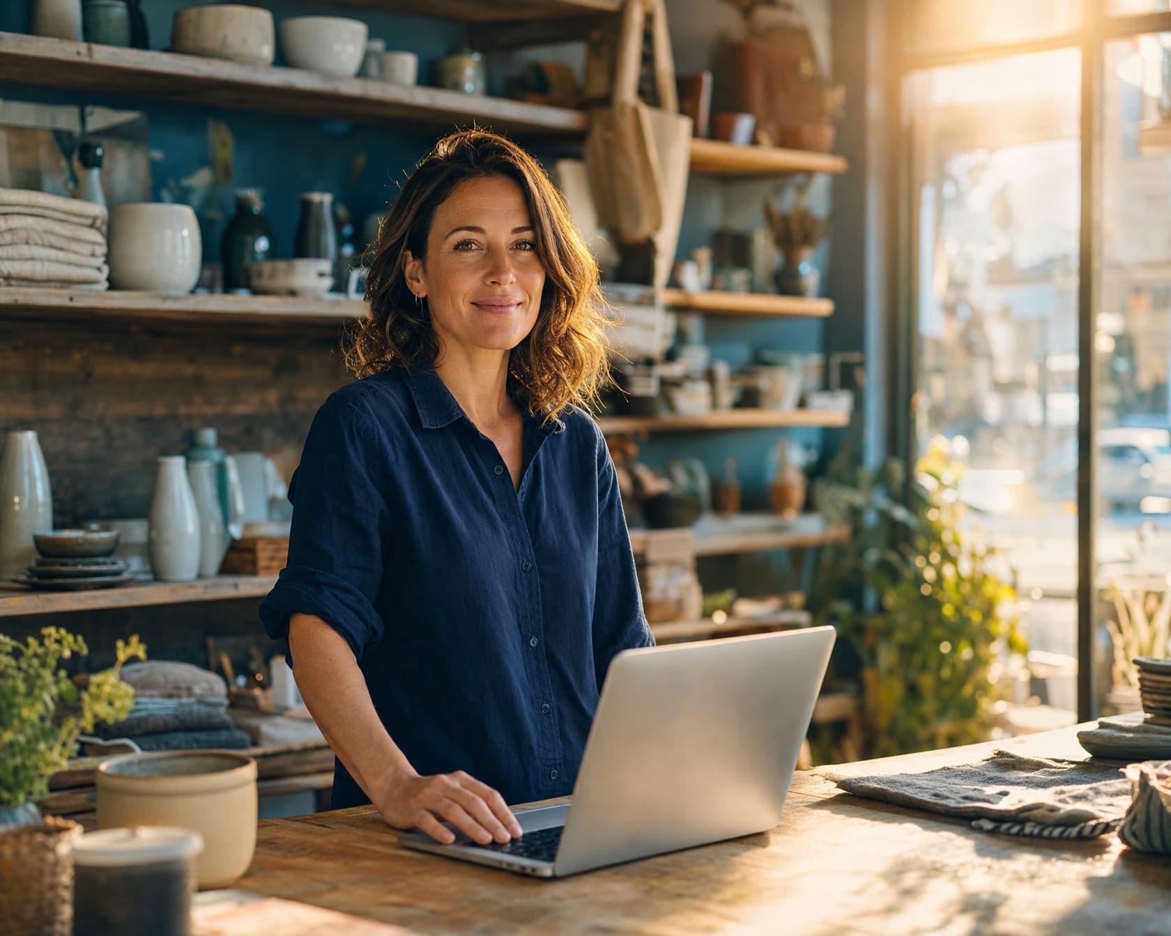 A woman standing behind the counter of a homeware shop with an open laptop in front of her